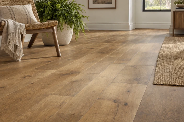 Warm wood-look flooring with visible grain in a softly lit room