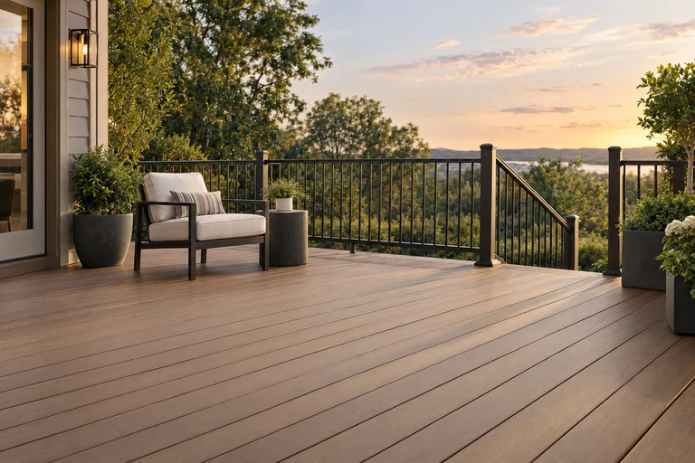 Brown composite deck boards and black railing at a quiet sunset