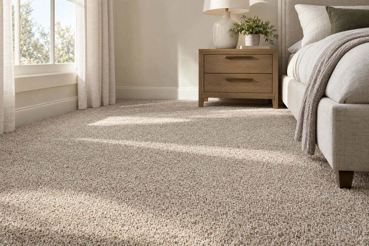 Soft neutral carpet beside an upholstered bed in a bright bedroom