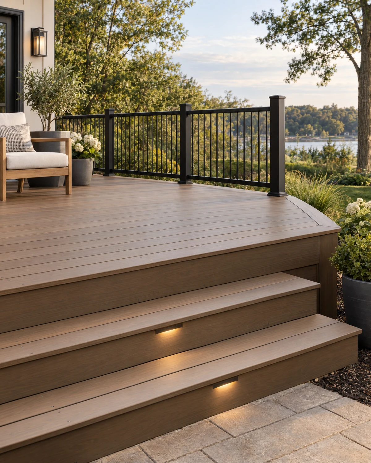 Warm brown composite deck boards and three broad steps beside a simple black railing