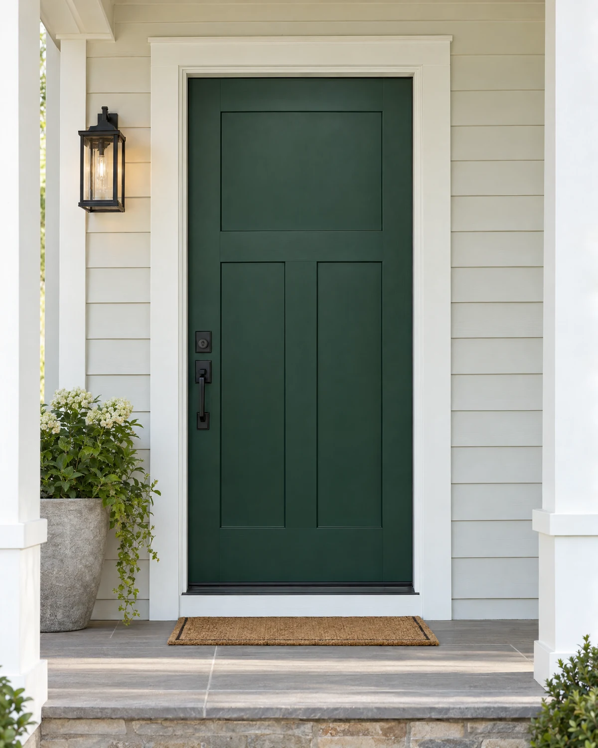 A single deep green three-panel entry door with white American casing and a black handleset