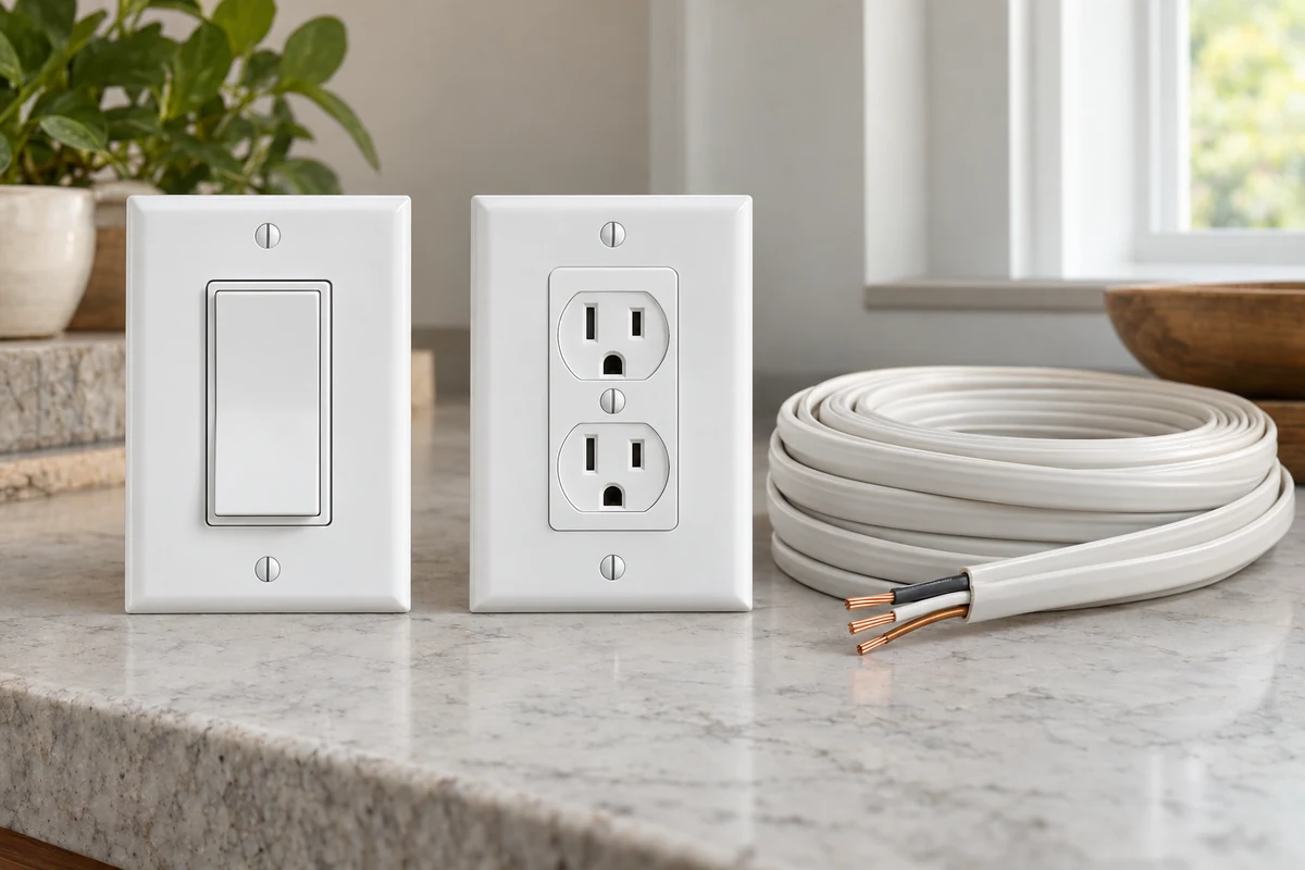 A white rocker switch, U.S. duplex outlet and coil of building cable
