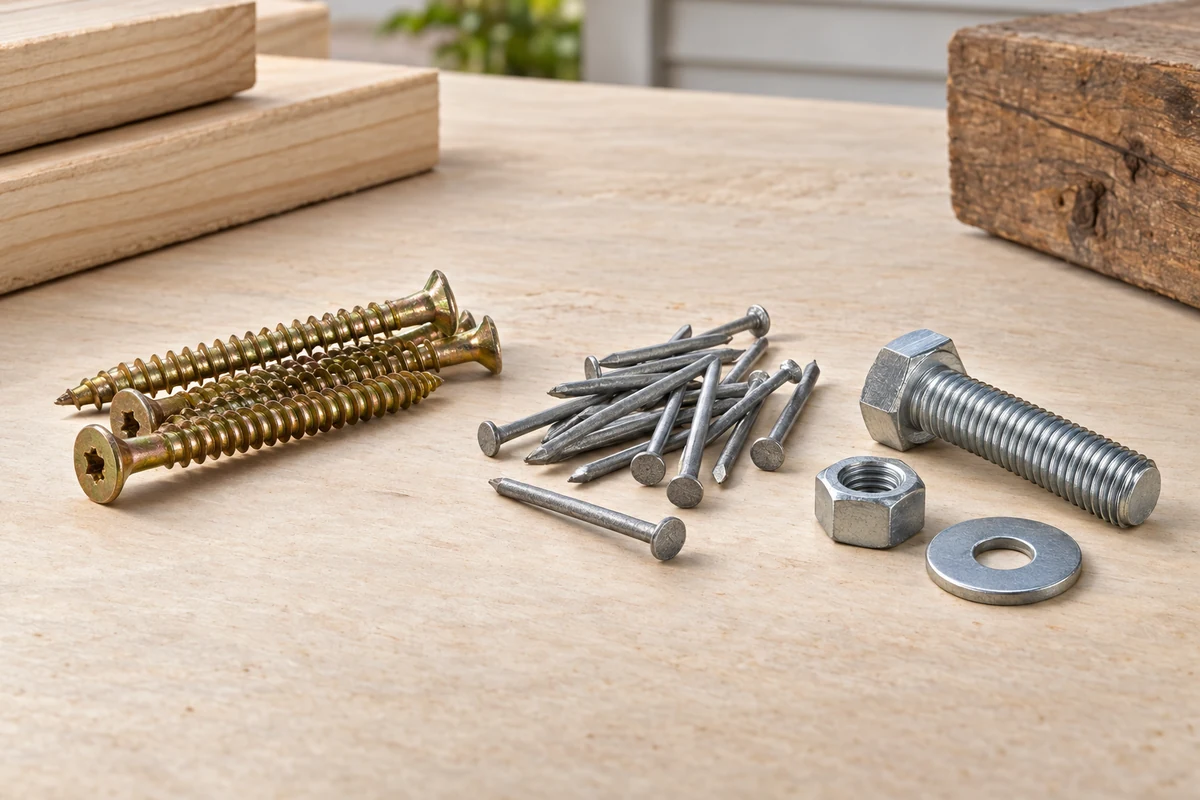 Screws, nails, a bolt, nut and washer arranged on a workbench