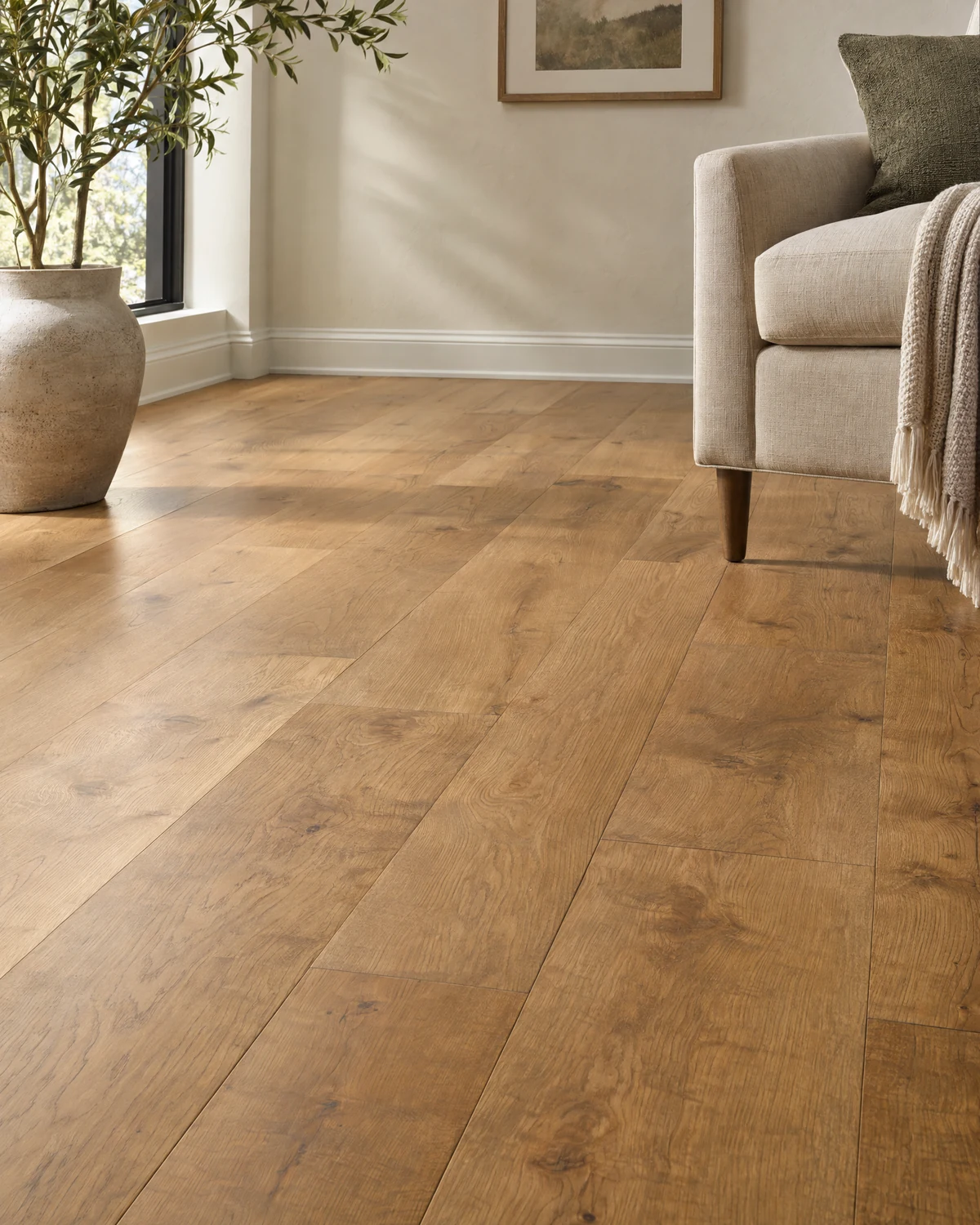 Natural warm oak flooring with visible grain and staggered joints in a quiet living room