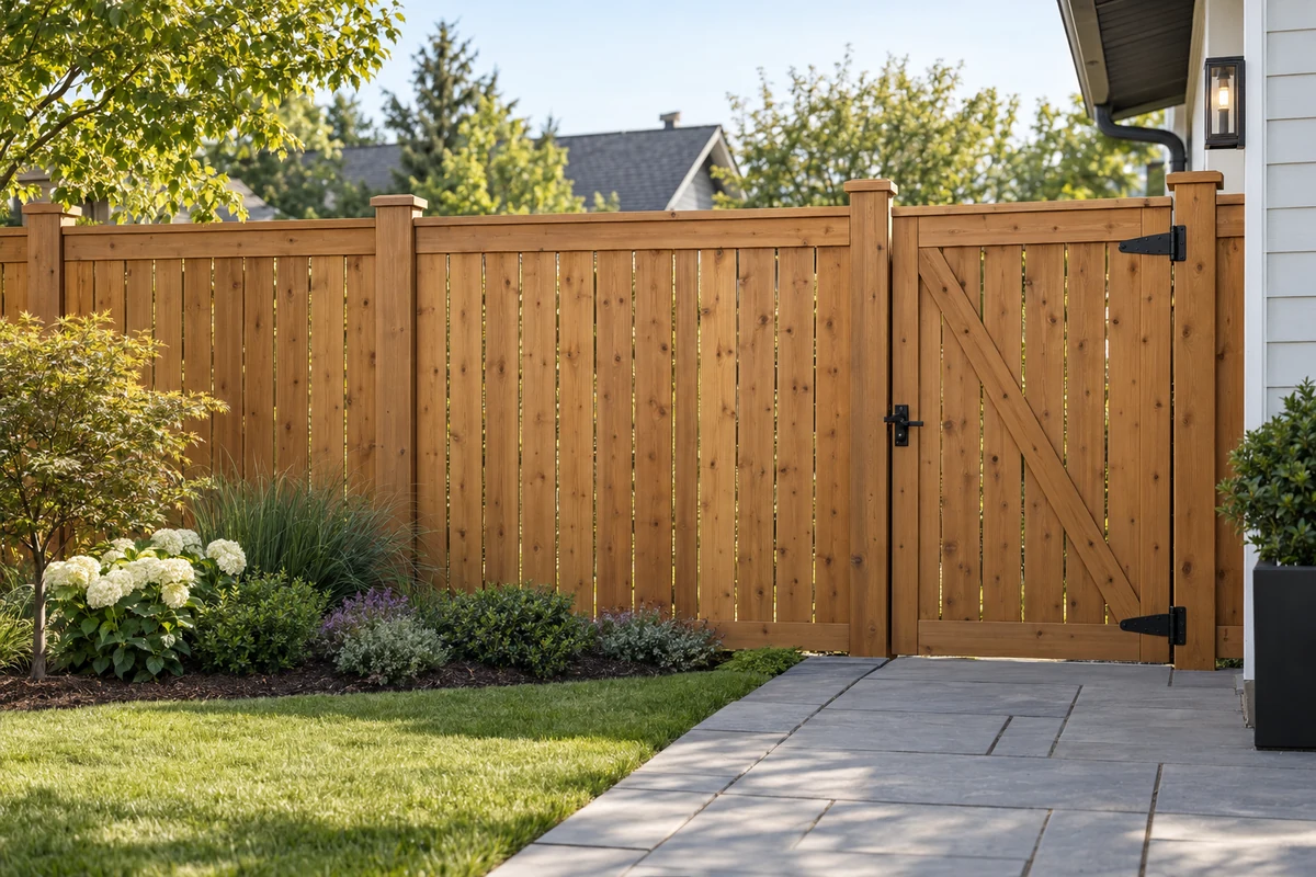 A straight cedar privacy fence and matching gate beside a landscaped yard
