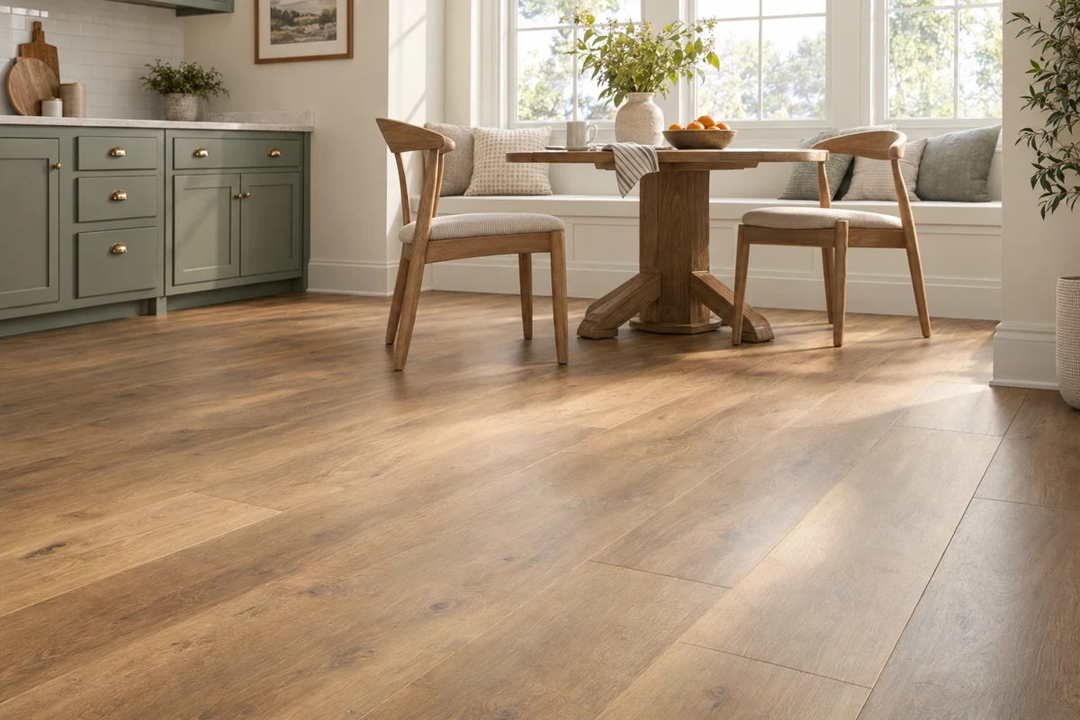 Natural oak-look laminate flooring beneath a quiet dining nook
