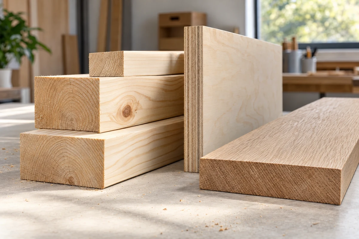 Dimensional lumber and plywood samples with visible grain and clean cut edges