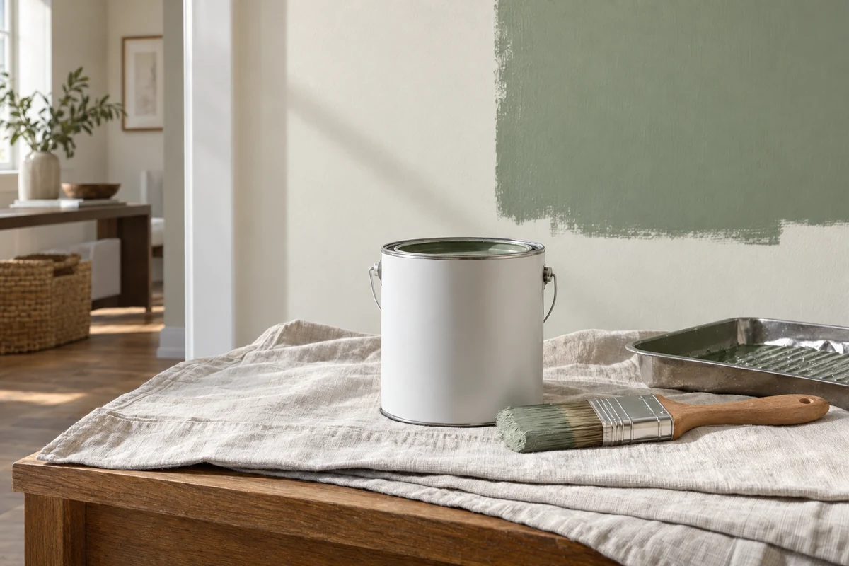 A paint can, brush and tray beside a softly painted sage wall