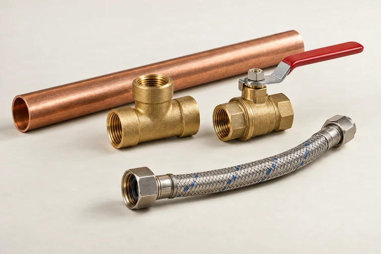Copper pipe, brass fittings, a valve and a braided supply line on ivory