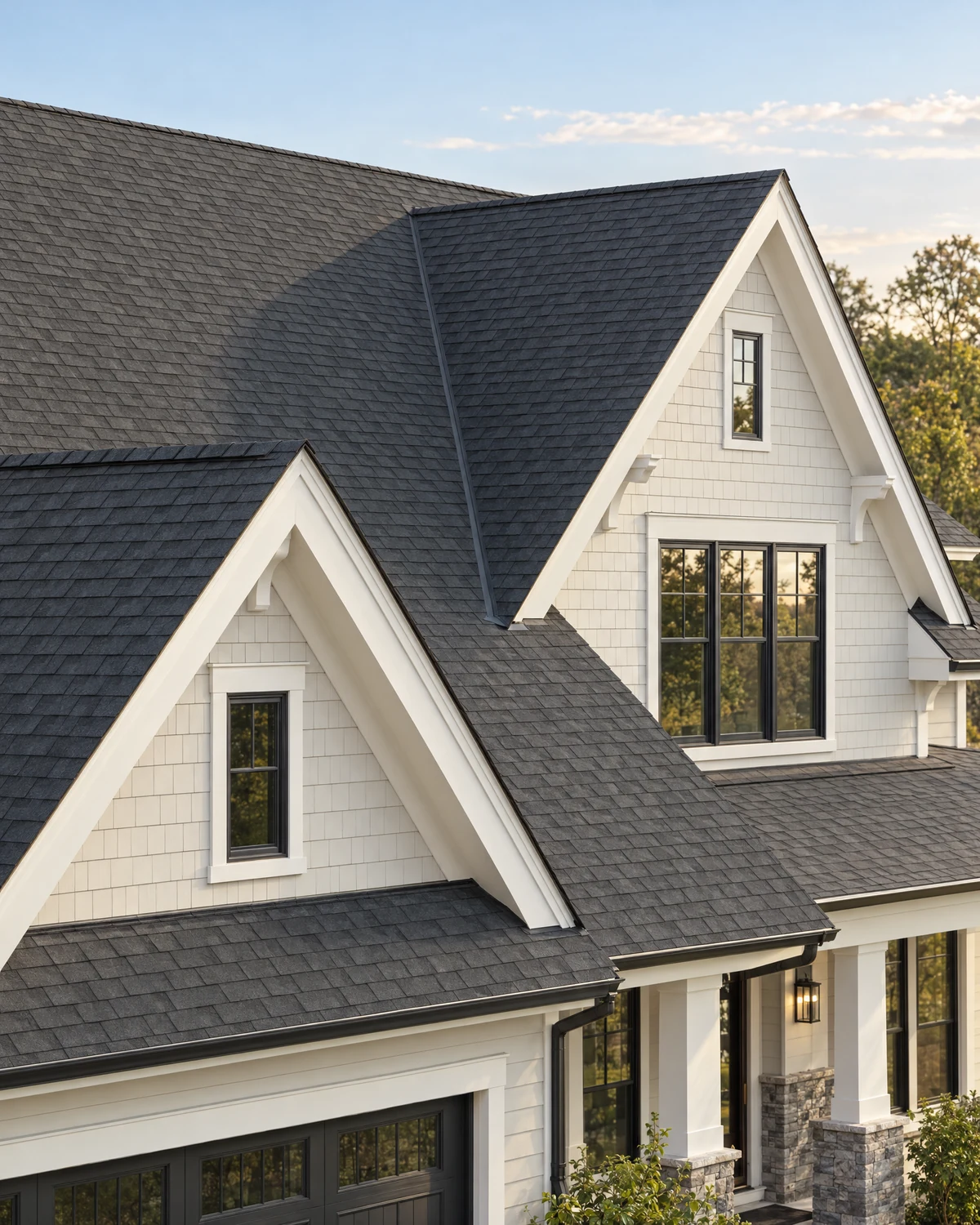 Charcoal architectural shingles across the gables of a white American house in soft daylight
