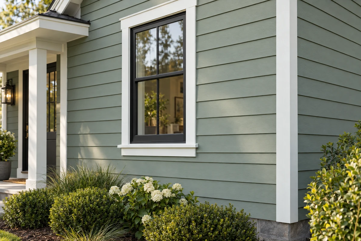 Sage horizontal lap siding and white trim around a black-framed window