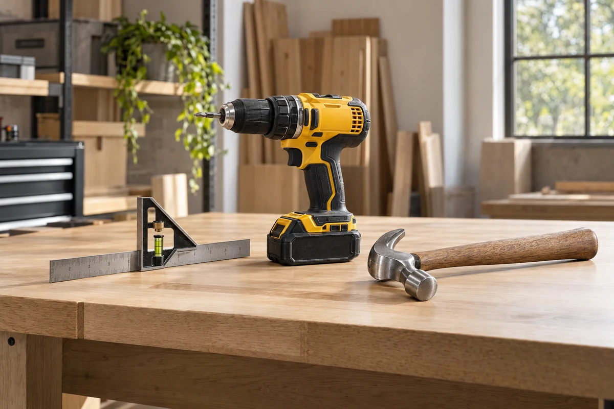 A cordless drill, hammer and tape measure on a tidy woodworking bench