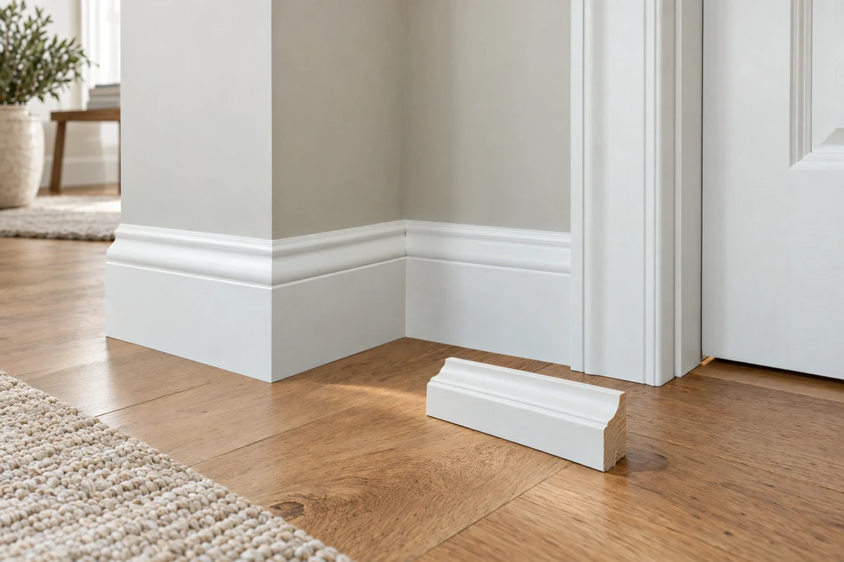 White baseboard and door casing with a matching trim sample on oak flooring