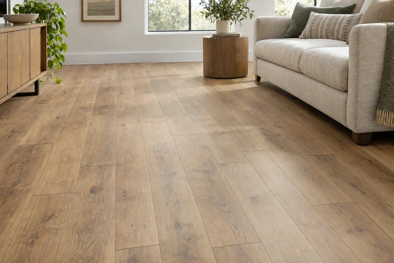 Warm oak-look vinyl planks across a bright American living room