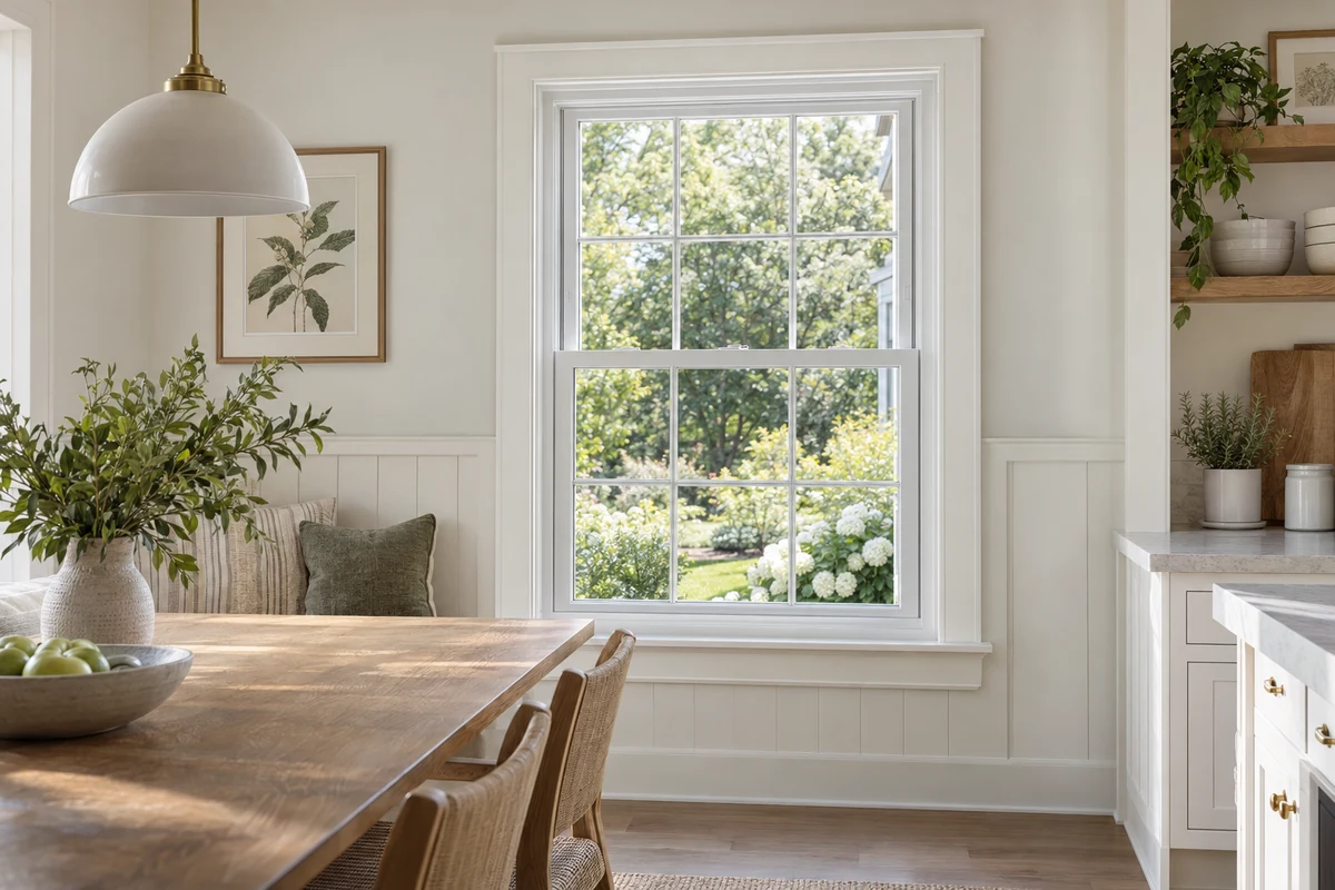 A white double-hung window with simple American trim in a light kitchen