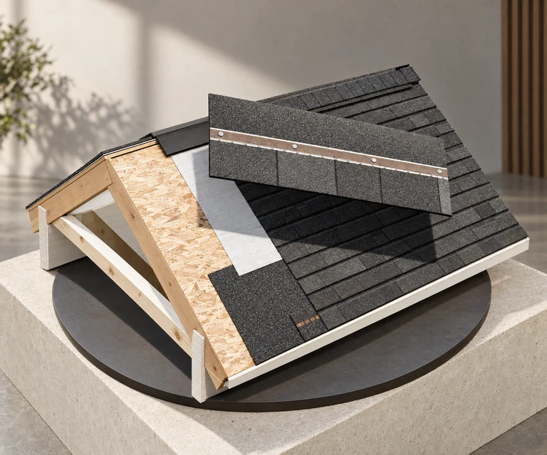 An illustrative cutaway shingle roof specimen on a round display plinth
