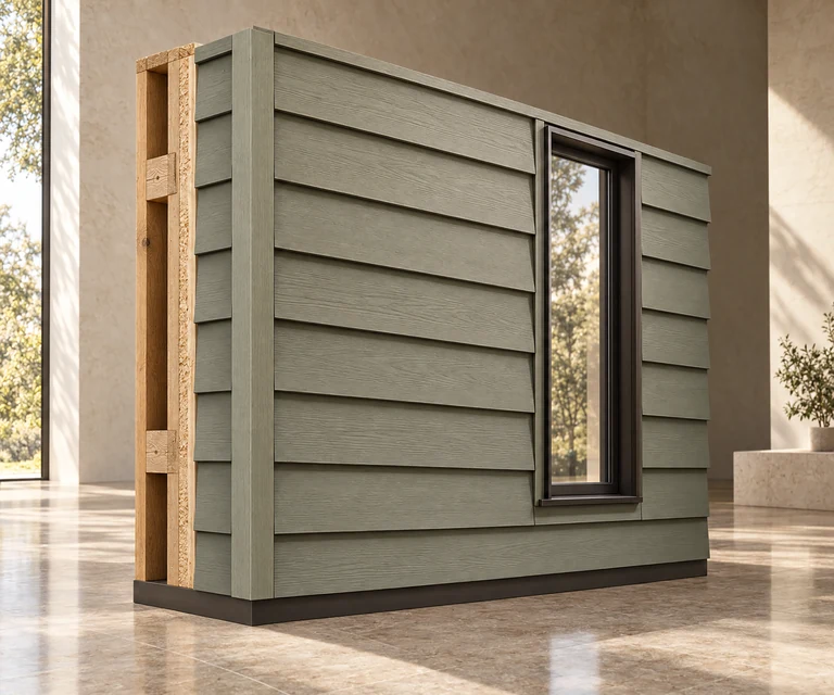 An illustrative lap-siding wall section with exposed framing and a window