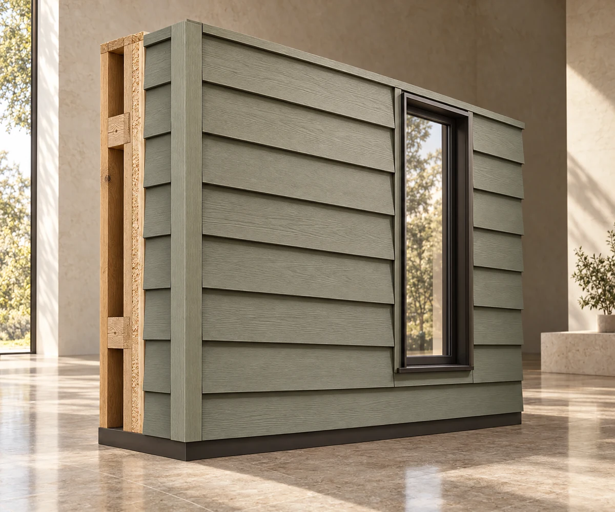 An illustrative lap-siding wall section with exposed framing and a window