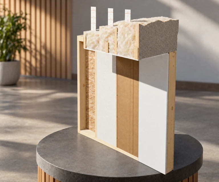 An illustrative framed wall section showing insulation and finish layers