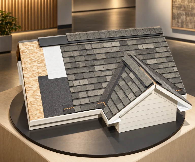 An illustrative gabled roof section with exposed sheathing and shingle layers