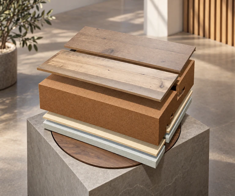 An illustrative layered laminate floor specimen on a stone display plinth