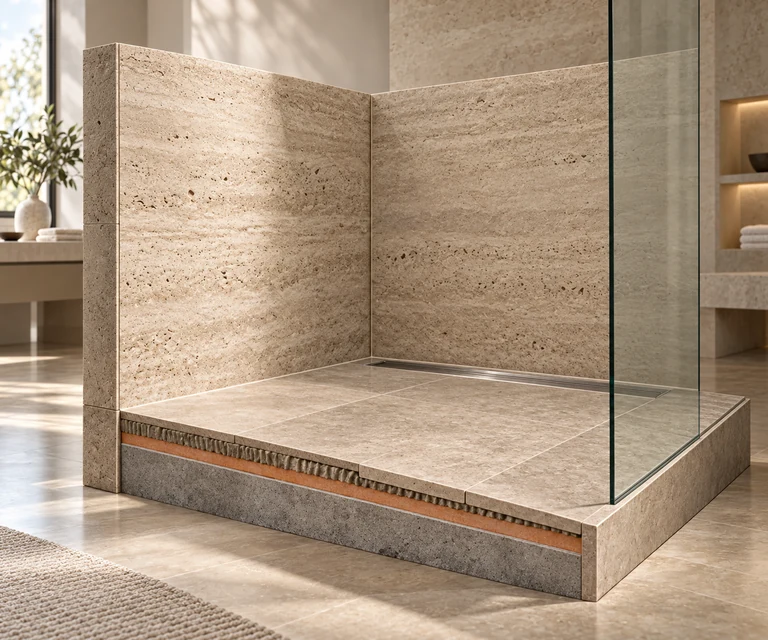 An illustrative tiled shower assembly with a visible layered floor edge