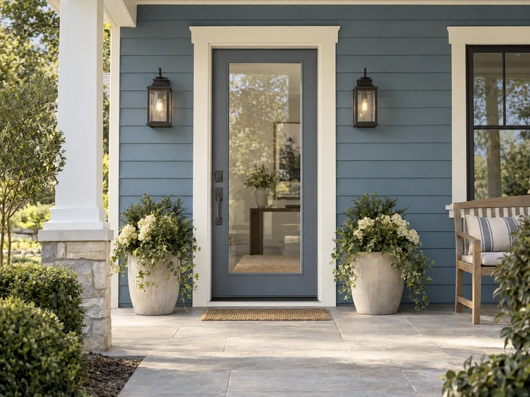 A single full-lite front door with a dark frame, white trim and muted blue lap siding on an American porch