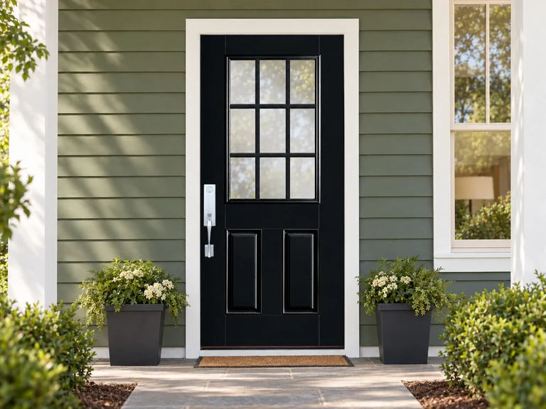 A black half-lite entry door with divided glass panes and white trim on a sage-green American porch