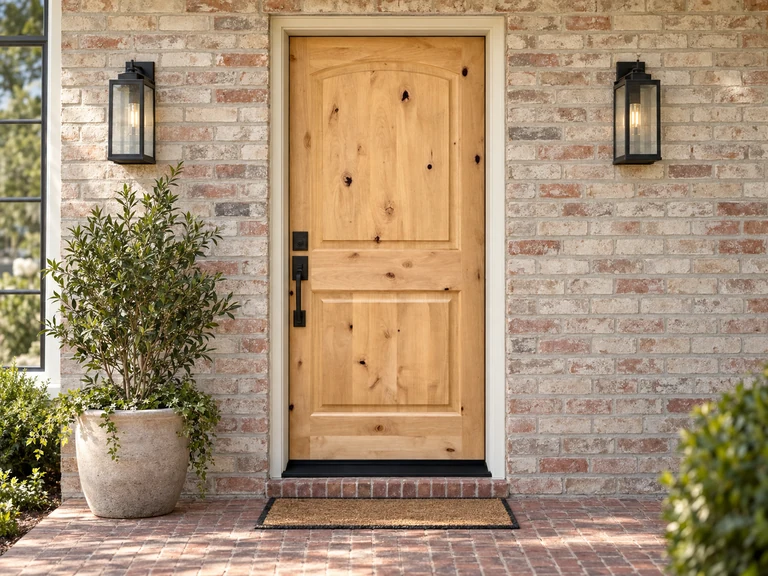 A natural knotty-alder front door with an arched upper panel in a softly lit brick entry