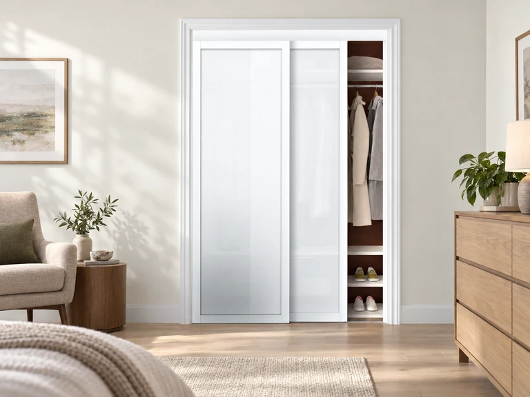 White-framed frosted-glass bypass closet doors in a warm neutral bedroom
