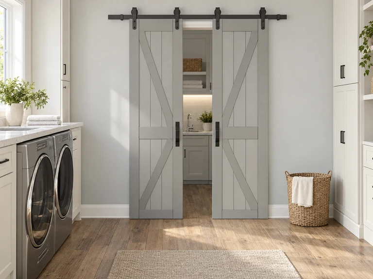 Two smoky-gray barn doors with black hanging hardware beside a laundry counter
