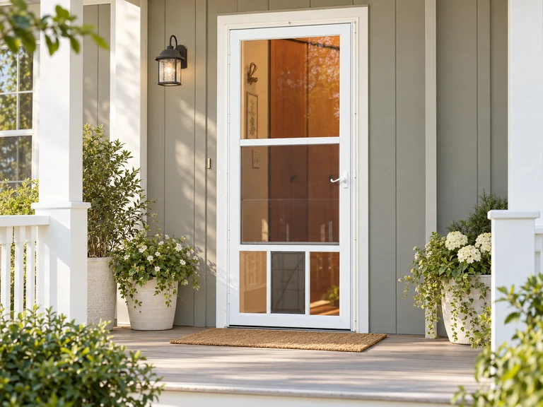 A white full-view storm door with a central pet flap on a shaded American porch