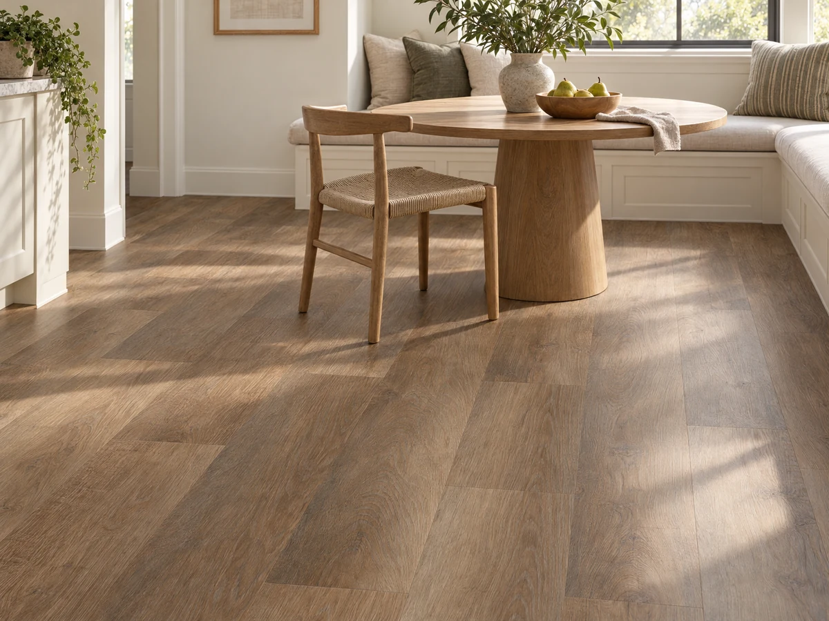 Warm brown oak-look planks beneath a simple round dining table