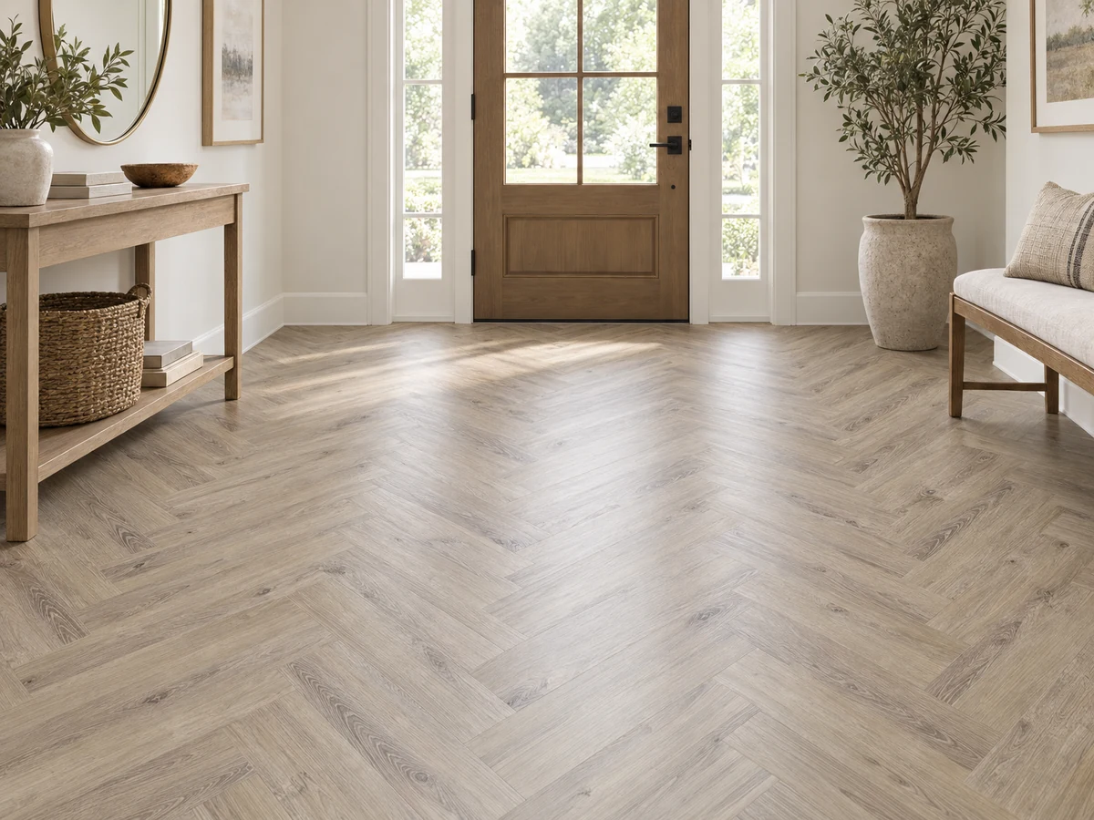 Light oak-look herringbone flooring in a bright American entry