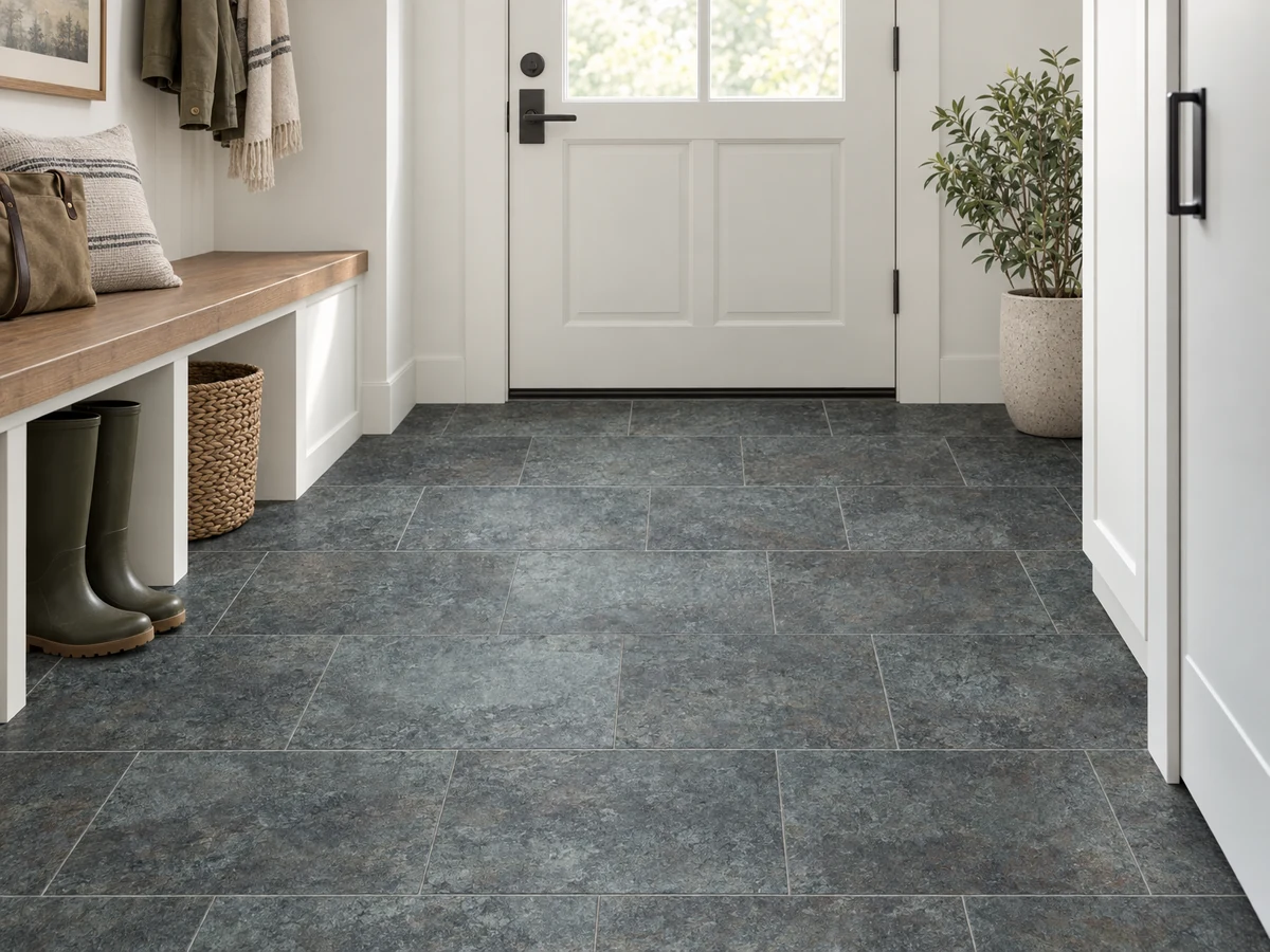 Slate-look gray rectangular floor tiles beside a mudroom bench