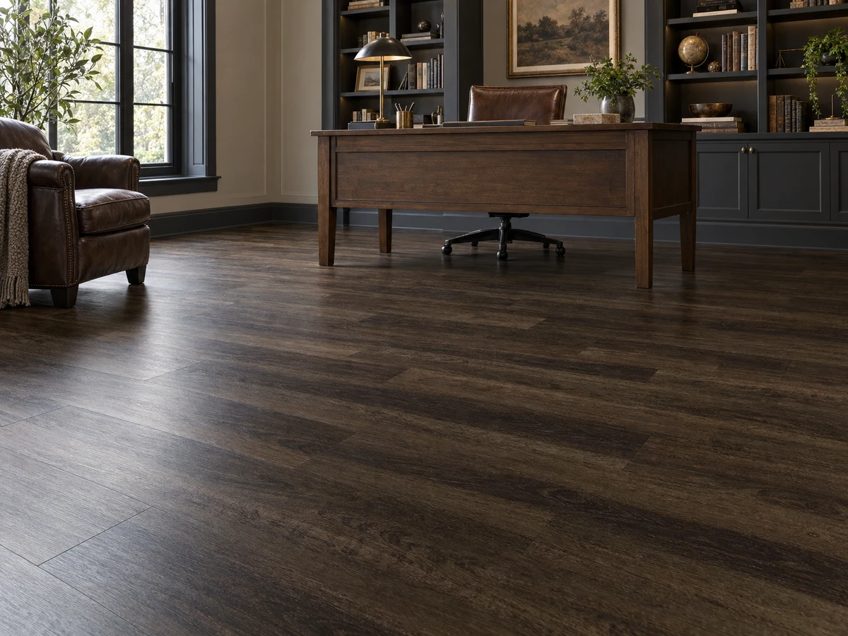 Dark walnut-look planks across a quiet home office floor