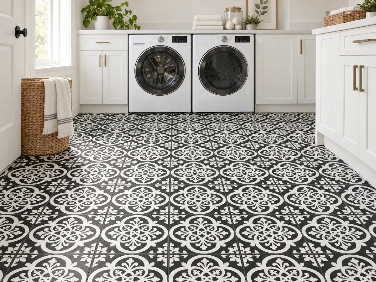 Repeating black and white patterned floor tiles in a bright laundry room