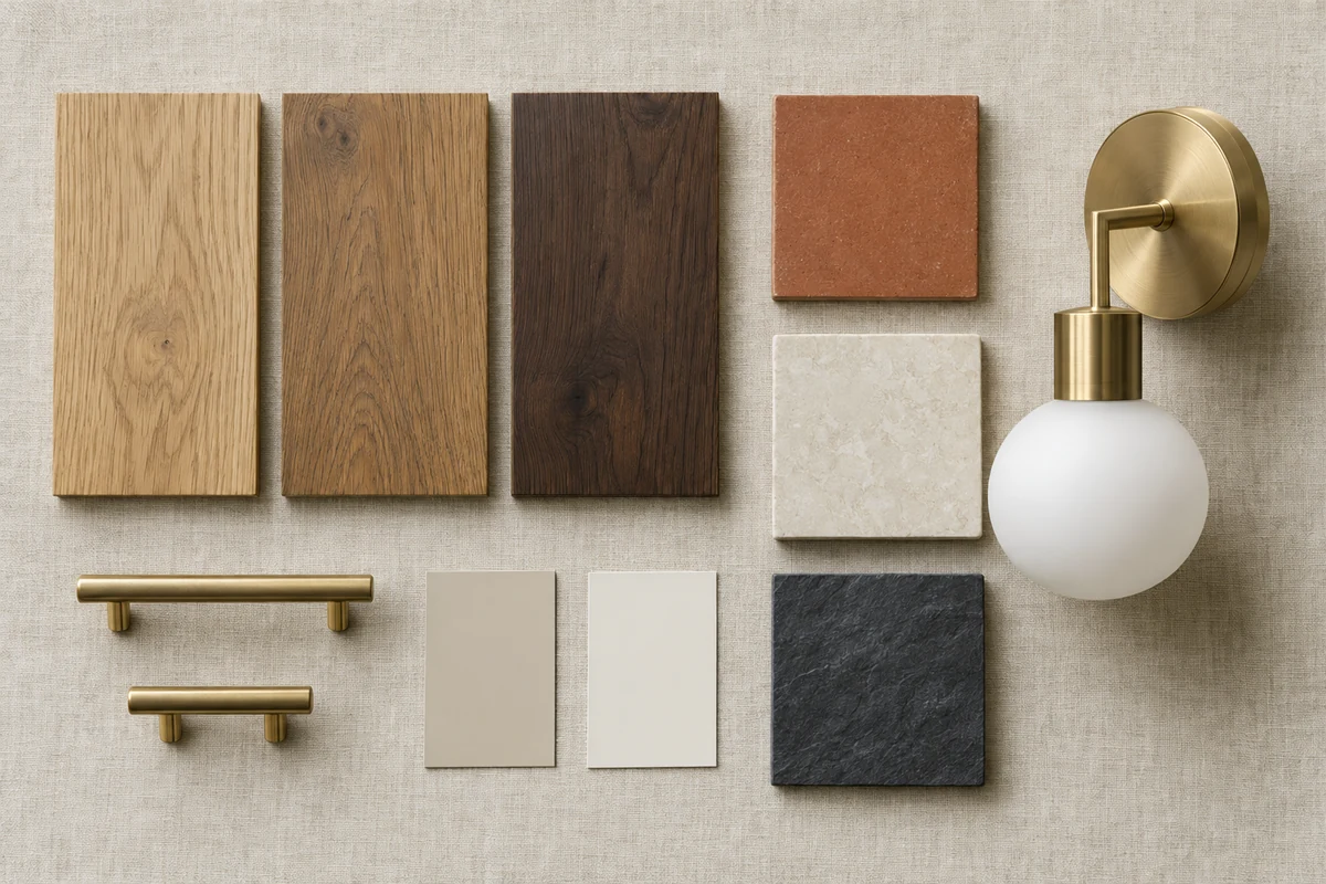 Wood, stone, ceramic, brass hardware and a globe wall light arranged as a material library