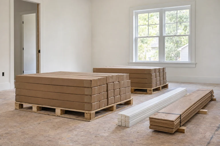 Pallets of material cartons, white trim and oak flooring in a bright renovation room